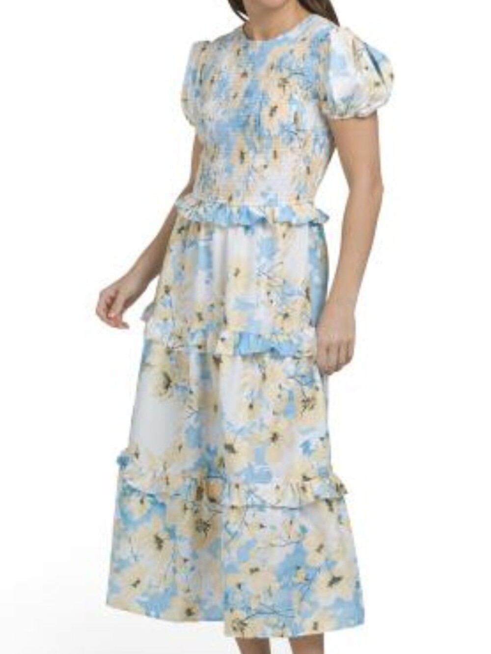 NWT - Us Together Puff Sleeve Blue Floral Print Smocked Maxi Dress - Size L